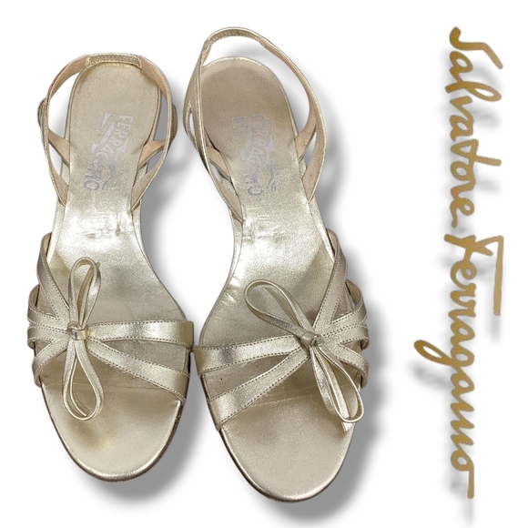 Salvatore Ferragamo Shoes - Salvatore FERRAGAMO Gold Kitten Heel Women's Leather Metallic Slingback Sandals